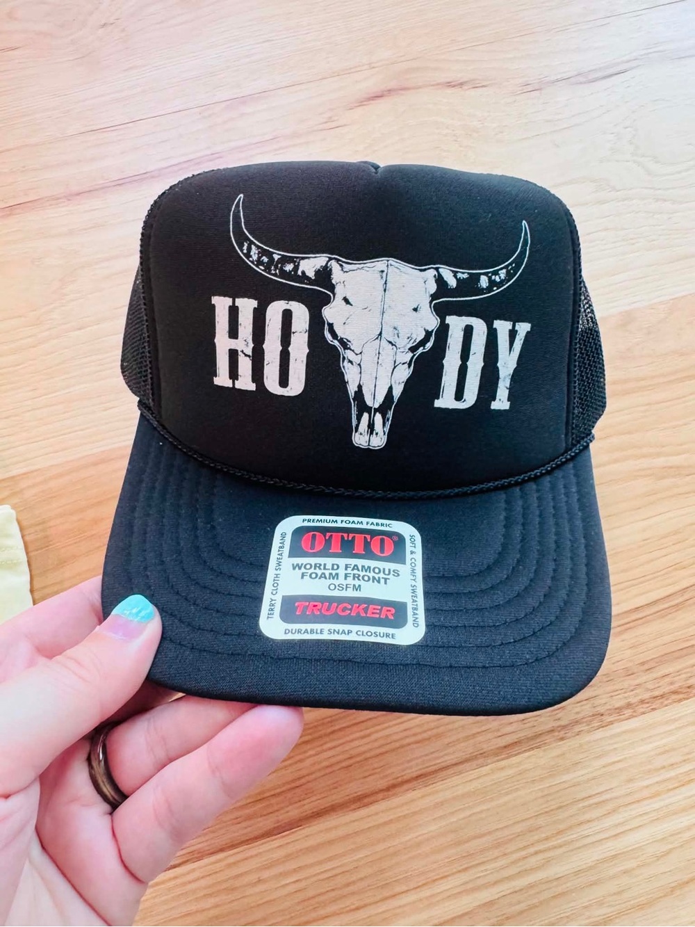 OTTO Black Trucker Hat with HOWDY Skull Graphic